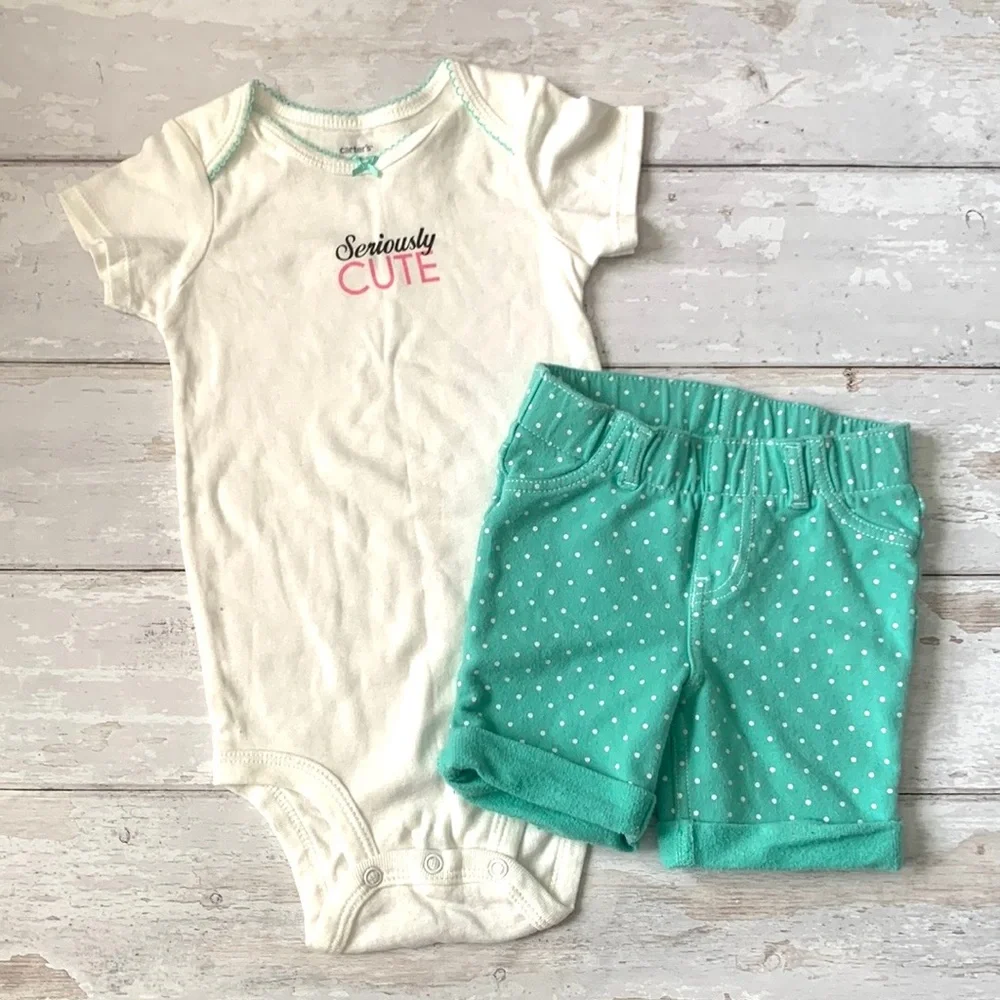Carters 18m Baby Girl Summer Outfit Teal Polka Dot Shorts White Onesie Kids